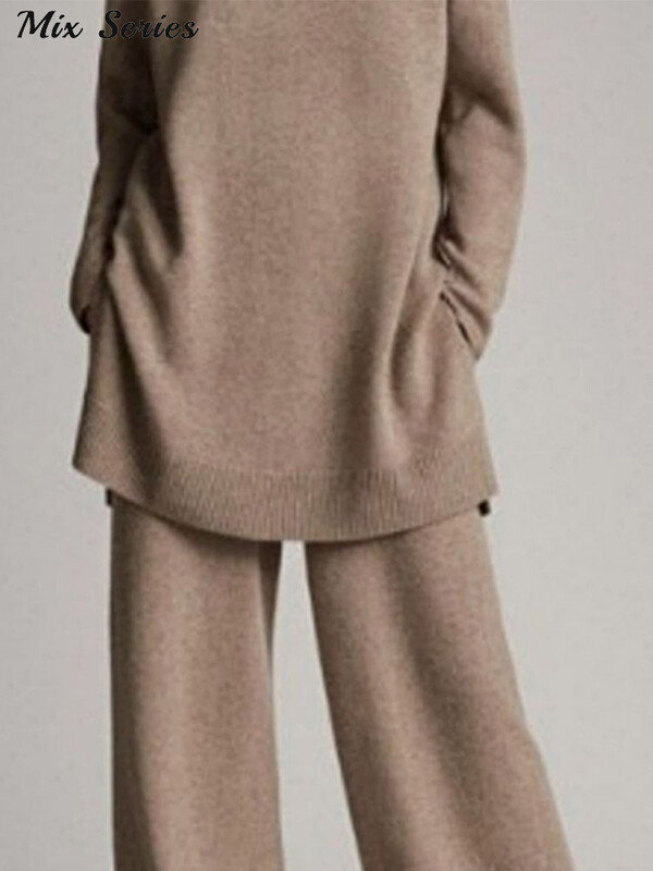 Avarate kootud pulloveriga pükste komplekt Naiste vabaaja turtlene kaelusega kampsun, laia säärega pikad püksid 2025. aasta kevade uus daami soliidsed ülikonnad