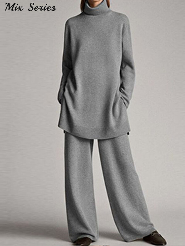 Avarate kootud pulloveriga pükste komplekt Naiste vabaaja turtlene kaelusega kampsun, laia säärega pikad püksid 2025. aasta kevade uus daami soliidsed ülikonnad