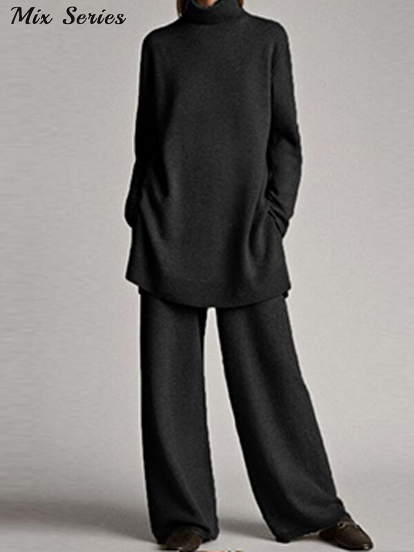 Avarate kootud pulloveriga pükste komplekt Naiste vabaaja turtlene kaelusega kampsun, laia säärega pikad püksid 2025. aasta kevade uus daami soliidsed ülikonnad