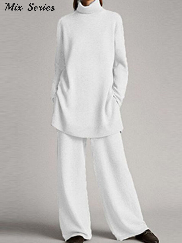 Avarate kootud pulloveriga pükste komplekt Naiste vabaaja turtlene kaelusega kampsun, laia säärega pikad püksid 2025. aasta kevade uus daami soliidsed ülikonnad