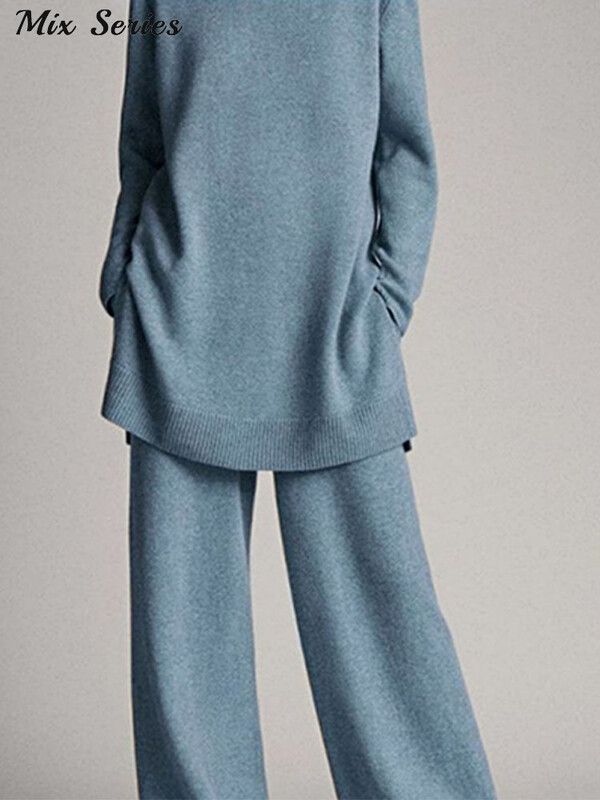 Avarate kootud pulloveriga pükste komplekt Naiste vabaaja turtlene kaelusega kampsun, laia säärega pikad püksid 2025. aasta kevade uus daami soliidsed ülikonnad