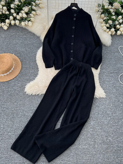 Jauni rudens gadījuma trikotāžas komplekti, 2 gab., Sieviešu bruņurupuču komplekti ar vienrindu jaciņu + elastīgas platas bikses Modes džemperu uzvalki sievietēm