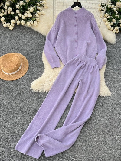 Jauni rudens gadījuma trikotāžas komplekti, 2 gab., Sieviešu bruņurupuču komplekti ar vienrindu jaciņu + elastīgas platas bikses Modes džemperu uzvalki sievietēm