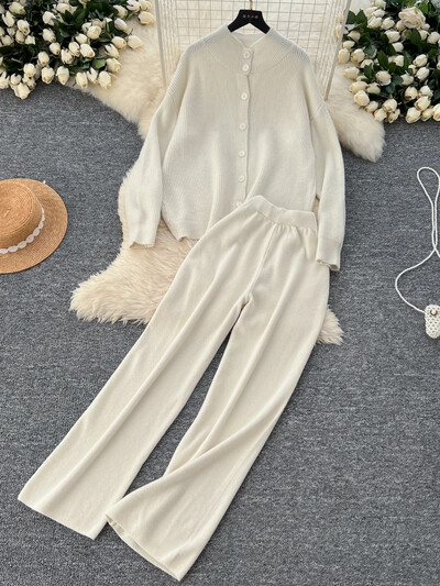 Jauni rudens gadījuma trikotāžas komplekti, 2 gab., Sieviešu bruņurupuču komplekti ar vienrindu jaciņu + elastīgas platas bikses Modes džemperu uzvalki sievietēm