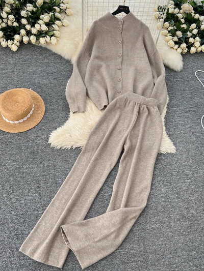 Jauni rudens gadījuma trikotāžas komplekti, 2 gab., Sieviešu bruņurupuču komplekti ar vienrindu jaciņu + elastīgas platas bikses Modes džemperu uzvalki sievietēm