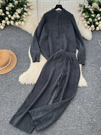 Jauni rudens gadījuma trikotāžas komplekti, 2 gab., Sieviešu bruņurupuču komplekti ar vienrindu jaciņu + elastīgas platas bikses Modes džemperu uzvalki sievietēm