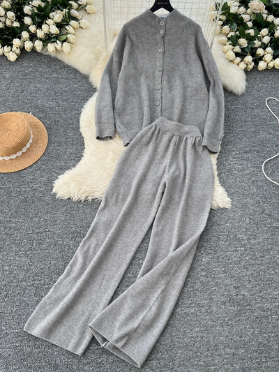 Jauni rudens gadījuma trikotāžas komplekti, 2 gab., Sieviešu bruņurupuču komplekti ar vienrindu jaciņu + elastīgas platas bikses Modes džemperu uzvalki sievietēm