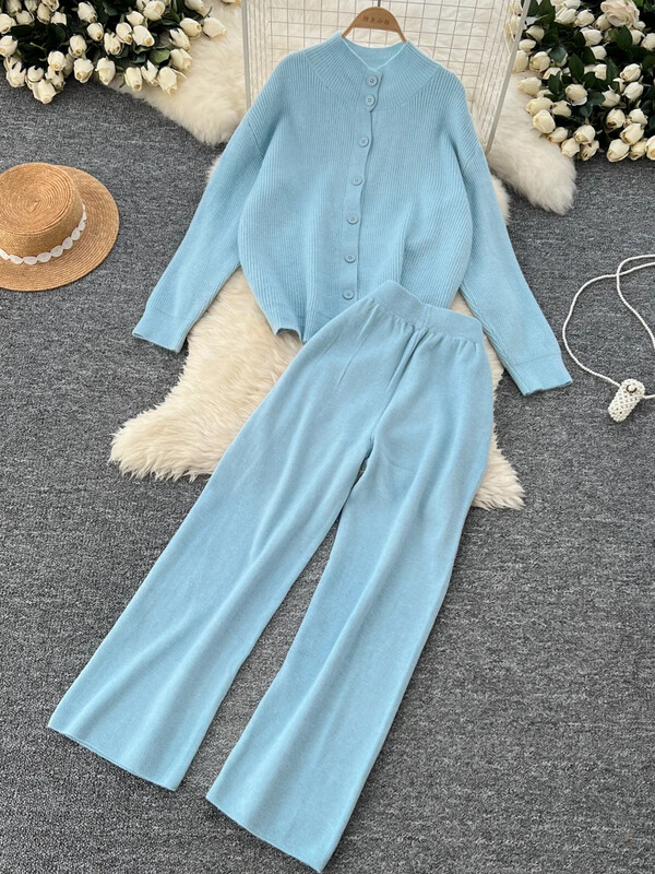 Jauni rudens gadījuma trikotāžas komplekti, 2 gab., Sieviešu bruņurupuču komplekti ar vienrindu jaciņu + elastīgas platas bikses Modes džemperu uzvalki sievietēm