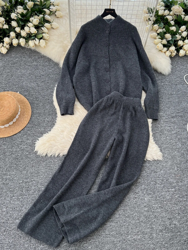 Jauni rudens gadījuma trikotāžas komplekti, 2 gab., Sieviešu bruņurupuču komplekti ar vienrindu jaciņu + elastīgas platas bikses Modes džemperu uzvalki sievietēm