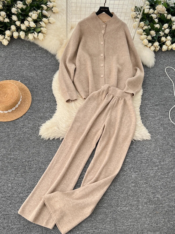 Jauni rudens gadījuma trikotāžas komplekti, 2 gab., Sieviešu bruņurupuču komplekti ar vienrindu jaciņu + elastīgas platas bikses Modes džemperu uzvalki sievietēm