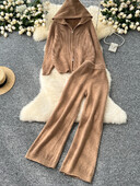 Ležerna široka pletena odijela za vanjsku upotrebu Osnovni gornji dio s patentnim zatvaračem s kapuljačom + hlače sa širokim nogavicama visokog struka Ženska jesensko-zimska odjeća Komplet od 2 komada