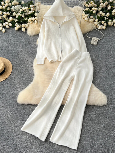 Ležerna široka pletena odijela za vanjsku upotrebu Osnovni gornji dio s patentnim zatvaračem s kapuljačom + hlače sa širokim nogavicama visokog struka Ženska jesensko-zimska odjeća Komplet od 2 komada