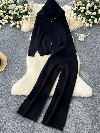 Ležerna široka pletena odijela za vanjsku upotrebu Osnovni gornji dio s patentnim zatvaračem s kapuljačom + hlače sa širokim nogavicama visokog struka Ženska jesensko-zimska odjeća Komplet od 2 komada