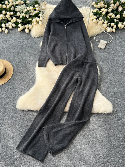 Ležerna široka pletena odijela za vanjsku upotrebu Osnovni gornji dio s patentnim zatvaračem s kapuljačom + hlače sa širokim nogavicama visokog struka Ženska jesensko-zimska odjeća Komplet od 2 komada