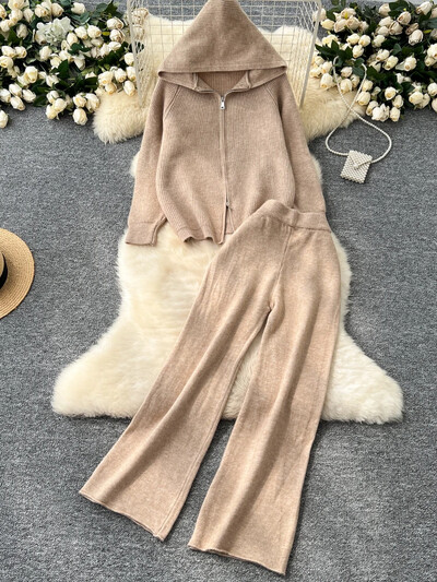 Ležerna široka pletena odijela za vanjsku upotrebu Osnovni gornji dio s patentnim zatvaračem s kapuljačom + hlače sa širokim nogavicama visokog struka Ženska jesensko-zimska odjeća Komplet od 2 komada