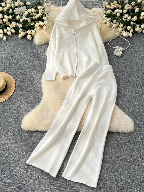 Ležerna široka pletena odijela za vanjsku upotrebu Osnovni gornji dio s patentnim zatvaračem s kapuljačom + hlače sa širokim nogavicama visokog struka Ženska jesensko-zimska odjeća Komplet od 2 komada