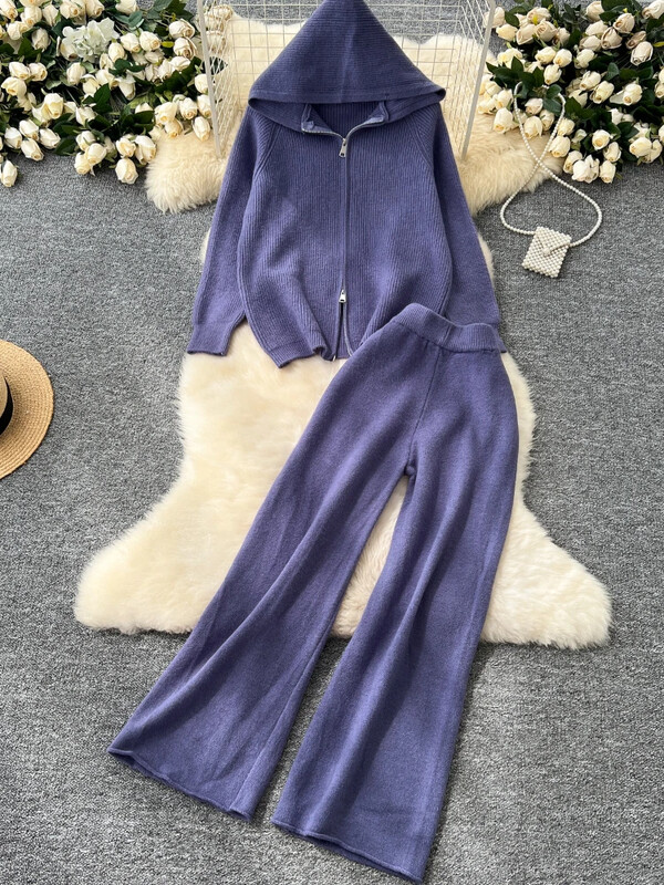 Ležerna široka pletena odijela za vanjsku upotrebu Osnovni gornji dio s patentnim zatvaračem s kapuljačom + hlače sa širokim nogavicama visokog struka Ženska jesensko-zimska odjeća Komplet od 2 komada