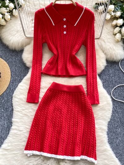 Rudens vintage vecāka gadagājuma trikotāžas 2 daļiņu sieviešu dizaina džemperis + svārki sievietēm ar augstu vidukli