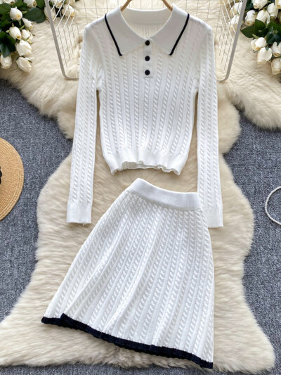 Rudens vintage vecāka gadagājuma trikotāžas 2 daļiņu sieviešu dizaina džemperis + svārki sievietēm ar augstu vidukli