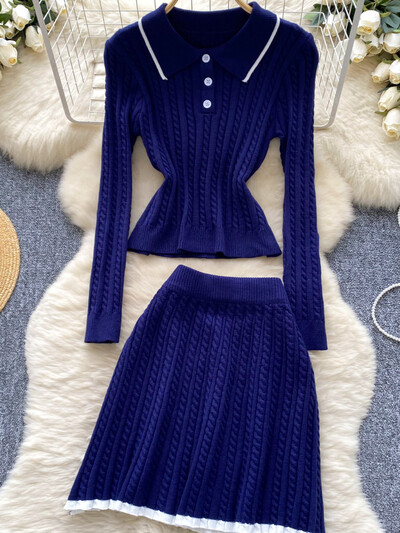 Rudens vintage vecāka gadagājuma trikotāžas 2 daļiņu sieviešu dizaina džemperis + svārki sievietēm ar augstu vidukli