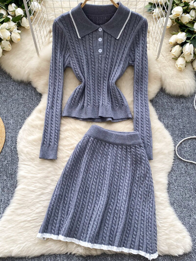 Rudens vintage vecāka gadagājuma trikotāžas 2 daļiņu sieviešu dizaina džemperis + svārki sievietēm ar augstu vidukli