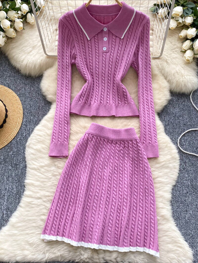 Rudens vintage vecāka gadagājuma trikotāžas 2 daļiņu sieviešu dizaina džemperis + svārki sievietēm ar augstu vidukli