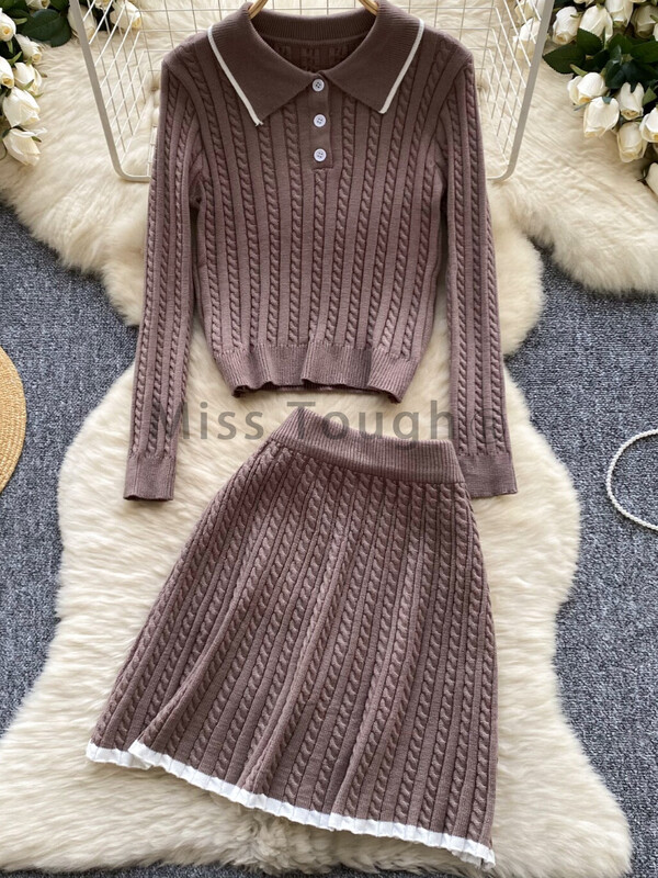 Rudens vintage vecāka gadagājuma trikotāžas 2 daļiņu sieviešu dizaina džemperis + svārki sievietēm ar augstu vidukli