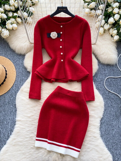 Franču stila rudens trikotāžas kostīmi dāmām ar pērļu pogām garām piedurknēm tops + elastīgs mini komplekts gurnu svārki Elegants džemperis 2 daļ.