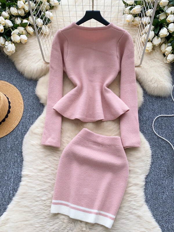 Franču stila rudens trikotāžas kostīmi dāmām ar pērļu pogām garām piedurknēm tops + elastīgs mini komplekts gurnu svārki Elegants džemperis 2 daļ.