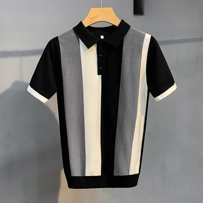 Suvine meeste polosärk Korea versioon Vintage triibuline unikaalne lukuga poolvarrukatega jääsiidist kootud vabaaja T-särk