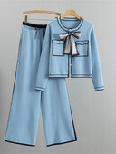 Korejas OL Knit 2 daļiņu komplekts sievietēm jauns, īss džemperis ar O veida kakla izgriezumu + Conjunto ar augstu vidukli, soma ar platām kājām Kintwear bikses, kostīmi