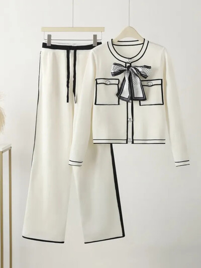 Korejas OL Knit 2 daļiņu komplekts sievietēm jauns, īss džemperis ar O veida kakla izgriezumu + Conjunto ar augstu vidukli, soma ar platām kājām Kintwear bikses, kostīmi