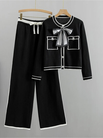 Korejas OL Knit 2 daļiņu komplekts sievietēm jauns, īss džemperis ar O veida kakla izgriezumu + Conjunto ar augstu vidukli, soma ar platām kājām Kintwear bikses, kostīmi