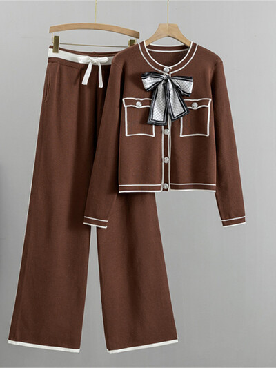 Korejas OL Knit 2 daļiņu komplekts sievietēm jauns, īss džemperis ar O veida kakla izgriezumu + Conjunto ar augstu vidukli, soma ar platām kājām Kintwear bikses, kostīmi