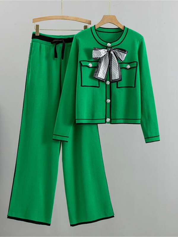 Korejas OL Knit 2 daļiņu komplekts sievietēm jauns, īss džemperis ar O veida kakla izgriezumu + Conjunto ar augstu vidukli, soma ar platām kājām Kintwear bikses, kostīmi