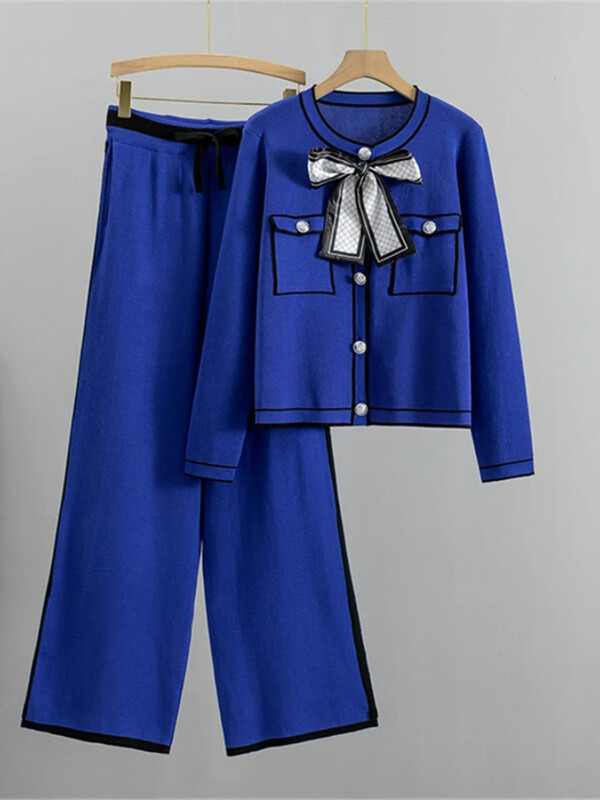 Korejas OL Knit 2 daļiņu komplekts sievietēm jauns, īss džemperis ar O veida kakla izgriezumu + Conjunto ar augstu vidukli, soma ar platām kājām Kintwear bikses, kostīmi