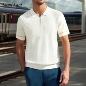 Stilīgi kontrasta krāsas svītraini trikotāžas topi Vīriešu vintage rāvējslēdzēja polo apkakles T krekli vīriešiem 2025. gada vasaras ikdienas polo ar īsām piedurknēm