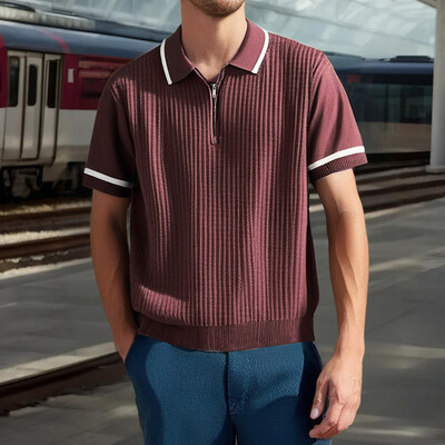 Stilīgi kontrasta krāsas svītraini trikotāžas topi Vīriešu vintage rāvējslēdzēja polo apkakles T krekli vīriešiem 2025. gada vasaras ikdienas polo ar īsām piedurknēm