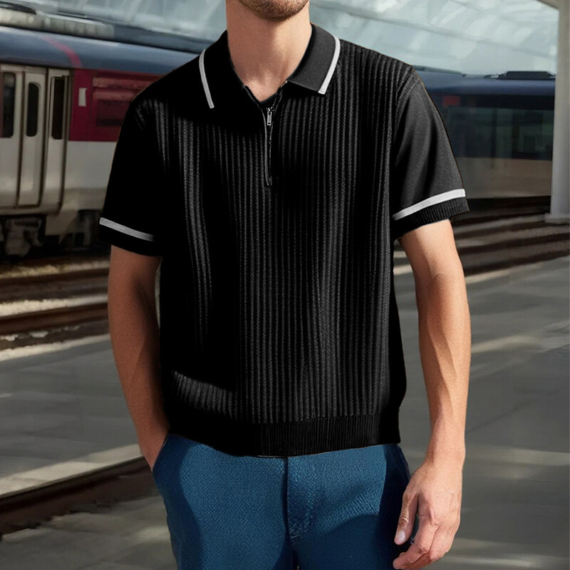 Stilīgi kontrasta krāsas svītraini trikotāžas topi Vīriešu vintage rāvējslēdzēja polo apkakles T krekli vīriešiem 2025. gada vasaras ikdienas polo ar īsām piedurknēm