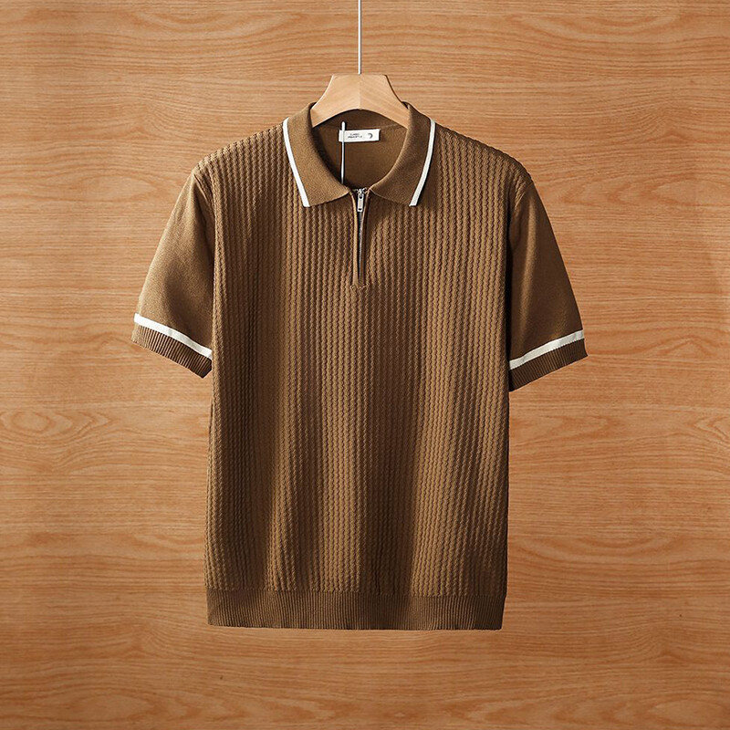 Stilīgi kontrasta krāsas svītraini trikotāžas topi Vīriešu vintage rāvējslēdzēja polo apkakles T krekli vīriešiem 2025. gada vasaras ikdienas polo ar īsām piedurknēm