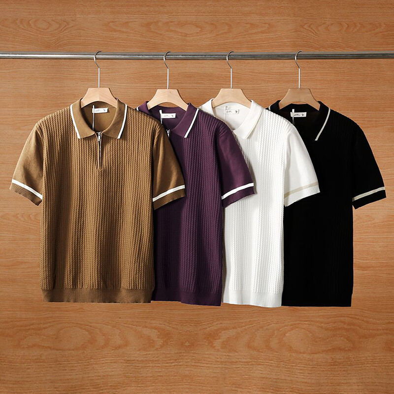 Stilīgi kontrasta krāsas svītraini trikotāžas topi Vīriešu vintage rāvējslēdzēja polo apkakles T krekli vīriešiem 2025. gada vasaras ikdienas polo ar īsām piedurknēm