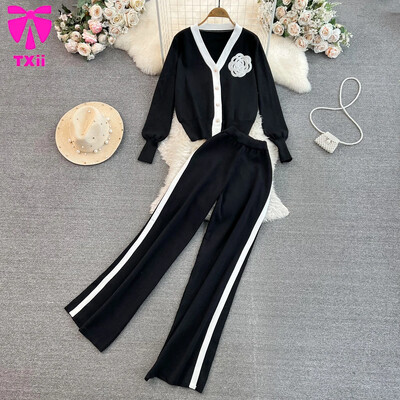 TXii Modes uzvalks sieviešu korejiešu versija V veida kakla trikotāžas jaka divdaļīgs komplekts ar augstu vidukli taisnas kājas platas bikses