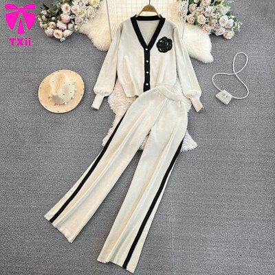 TXii Modes uzvalks sieviešu korejiešu versija V veida kakla trikotāžas jaka divdaļīgs komplekts ar augstu vidukli taisnas kājas platas bikses