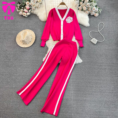 TXii Modes uzvalks sieviešu korejiešu versija V veida kakla trikotāžas jaka divdaļīgs komplekts ar augstu vidukli taisnas kājas platas bikses