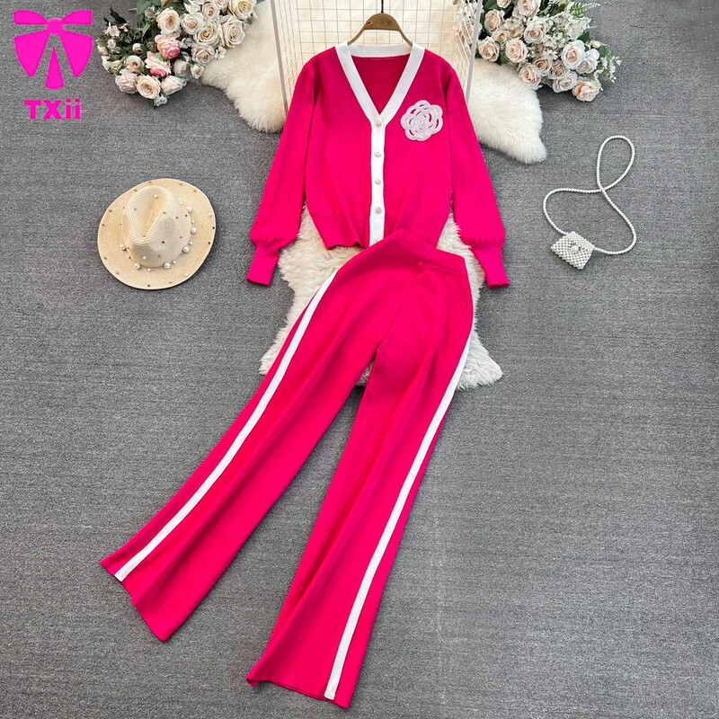 TXii Modes uzvalks sieviešu korejiešu versija V veida kakla trikotāžas jaka divdaļīgs komplekts ar augstu vidukli taisnas kājas platas bikses