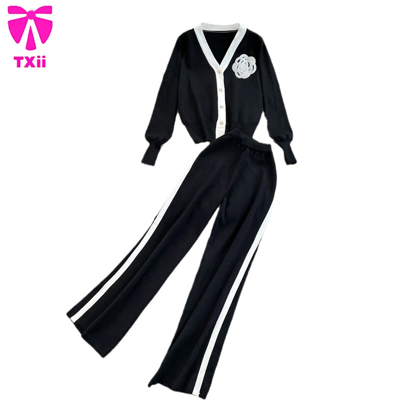 TXii Modes uzvalks sieviešu korejiešu versija V veida kakla trikotāžas jaka divdaļīgs komplekts ar augstu vidukli taisnas kājas platas bikses