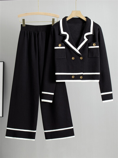 Naiste kootud 2 osaga komplektid šikid kaherealised lühikesed kudumid Topid kardigan Conjuntos Korea kõrge vöökohaga pahkluu pükste ülikonnad