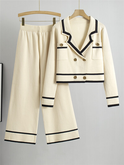 Naiste kootud 2 osaga komplektid šikid kaherealised lühikesed kudumid Topid kardigan Conjuntos Korea kõrge vöökohaga pahkluu pükste ülikonnad