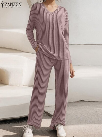 ZANZEA rudens sieviešu trikotāžas kostīmi vienkrāsains mājas apģērbs Modes ar garām piedurknēm gadījuma rakstura V kakla topi Bikses komplekti 2 daļ. komplekti, tērpi