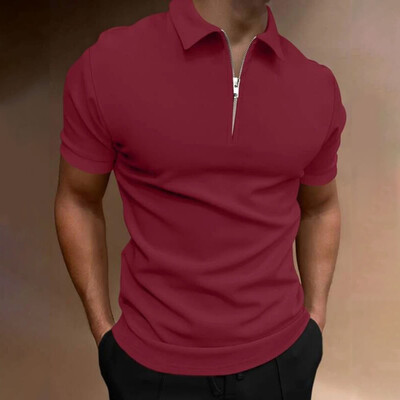 Vīriešu polo krekls vienkrāsains ar īsām piedurknēm rāvējslēdzēju atloks T-krekls ikdienas tops